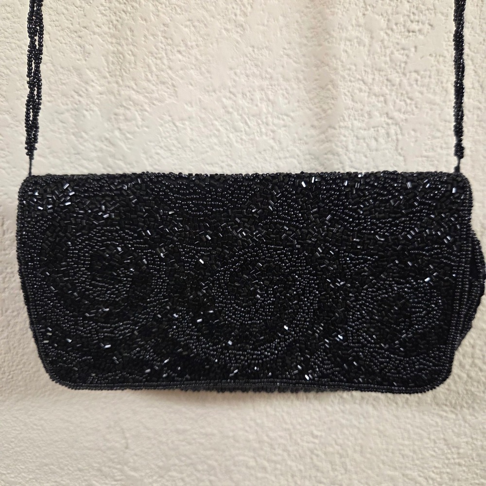 La Regale Black Beaded Evening Bag Crossbody Clutch Vintage Style Swirl Pattern